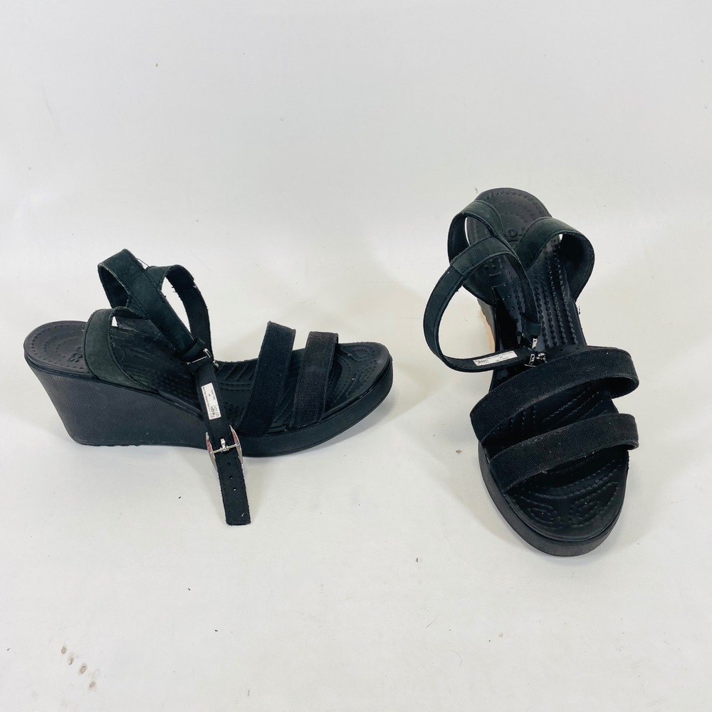 Crocs Leigh Wedge Black Strappy Sandals Leather Textile 11382 Womens 8